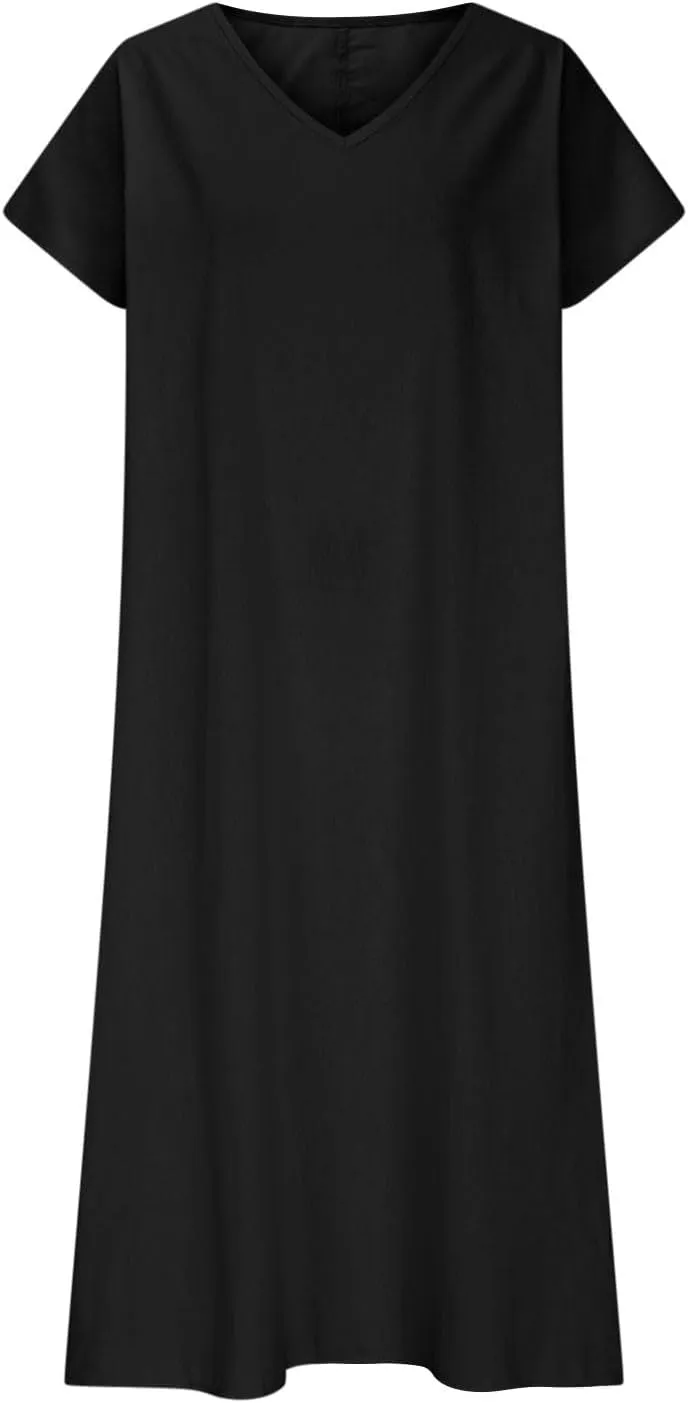 Summer Dresses for Women 2025 Flowy Trendy Casual Cotton Linen Dresses Beach Short Sleeve Vacation Maxi Sundresses