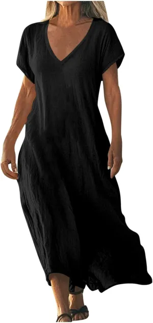 Summer Dresses for Women 2025 Flowy Trendy Casual Cotton Linen Dresses Beach Short Sleeve Vacation Maxi Sundresses