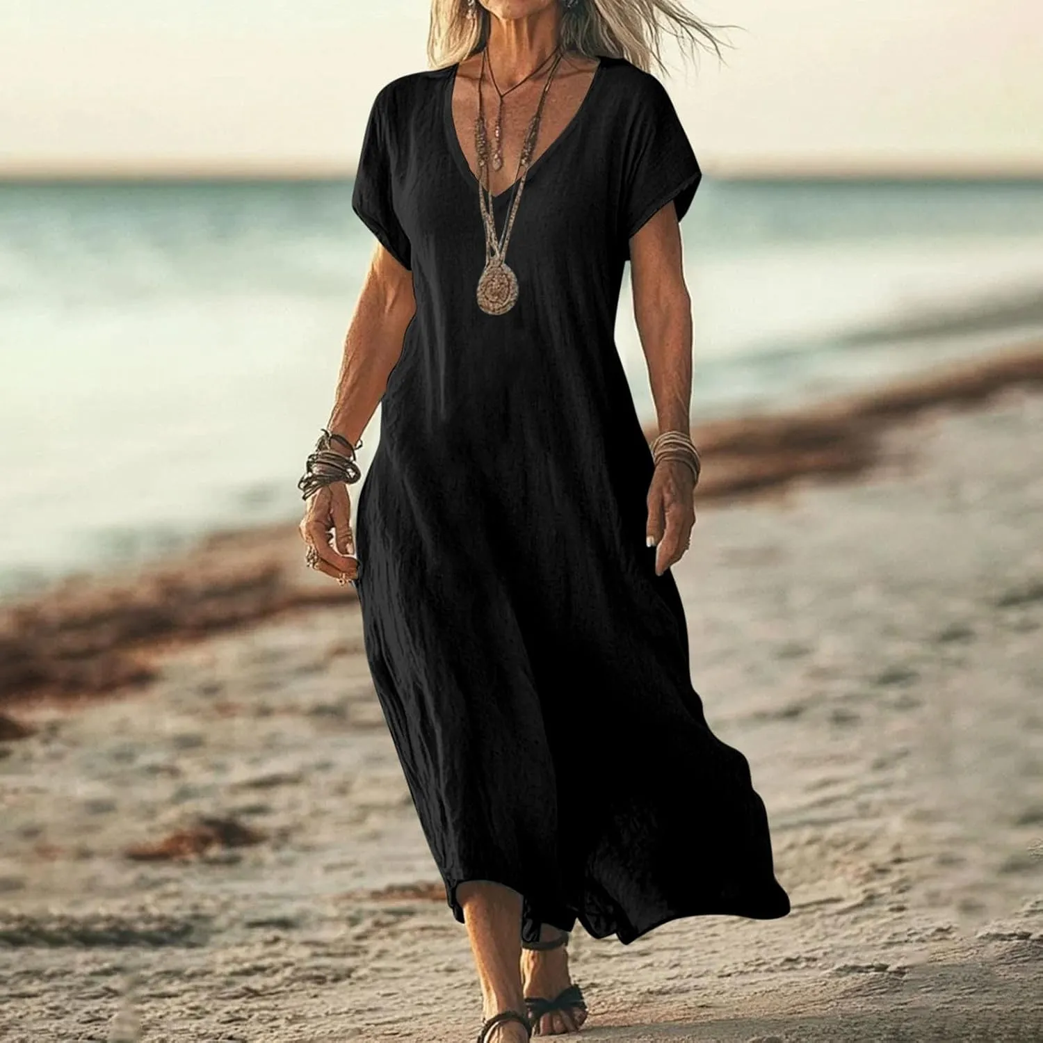 Summer Dresses for Women 2025 Flowy Trendy Casual Cotton Linen Dresses Beach Short Sleeve Vacation Maxi Sundresses