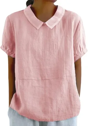 Summer Linen Shirts for Womens Short Sleeve Casual Stand Collared Work Blouse Tunic Tops