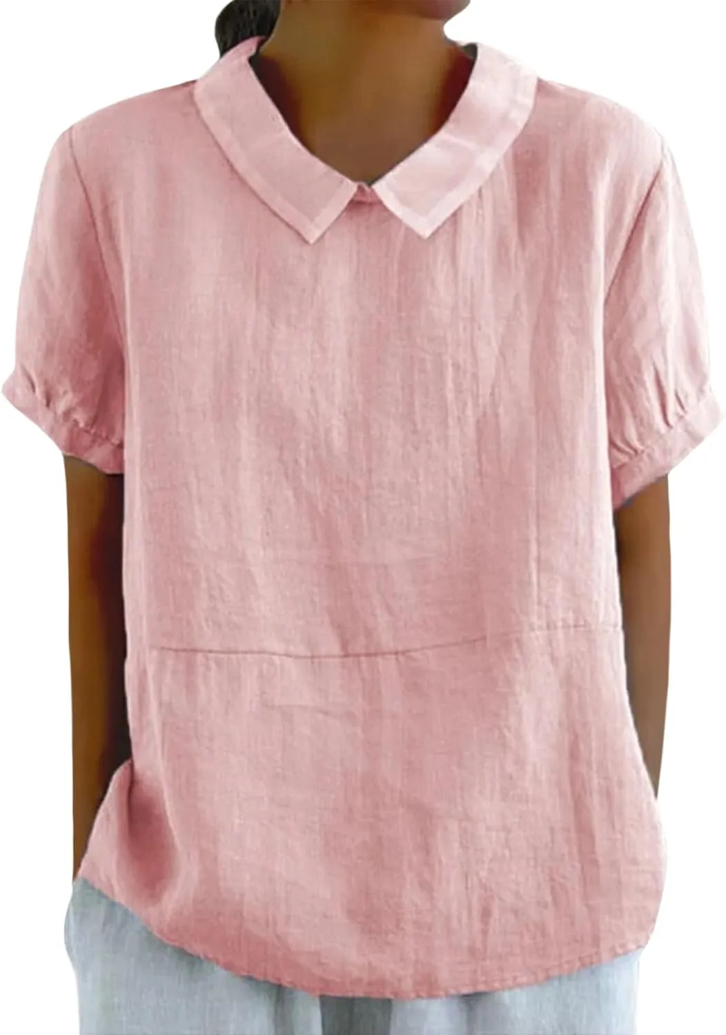 Summer Linen Shirts for Womens Short Sleeve Casual Stand Collared Work Blouse Tunic Tops
