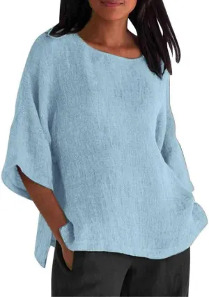 Summer Solid Linen Shirts for Womens Cotton Linen Shirt Casual 3/4 Sleeve Solid Color Crewneck Tunic Tops Beach Blouse