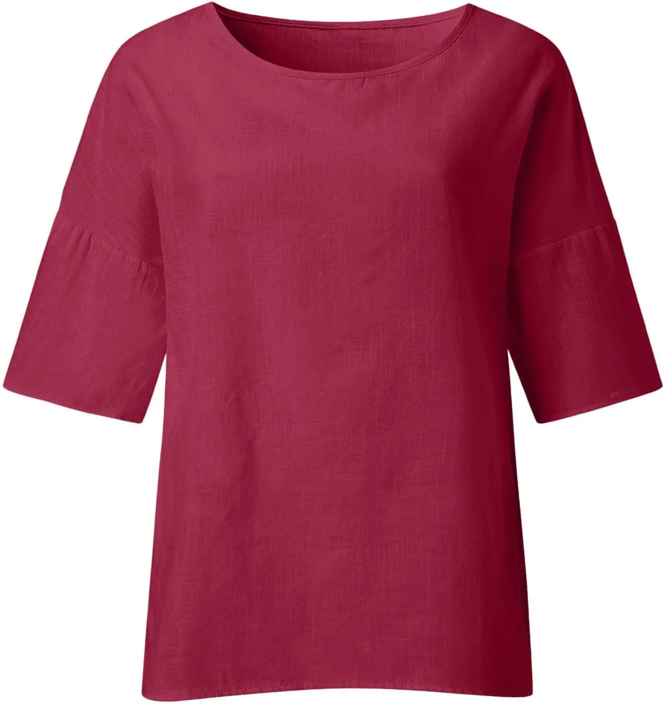 Summer Solid Linen Shirts for Womens Cotton Linen Shirt Casual 3/4 Sleeve Solid Color Crewneck Tunic Tops Beach Blouse