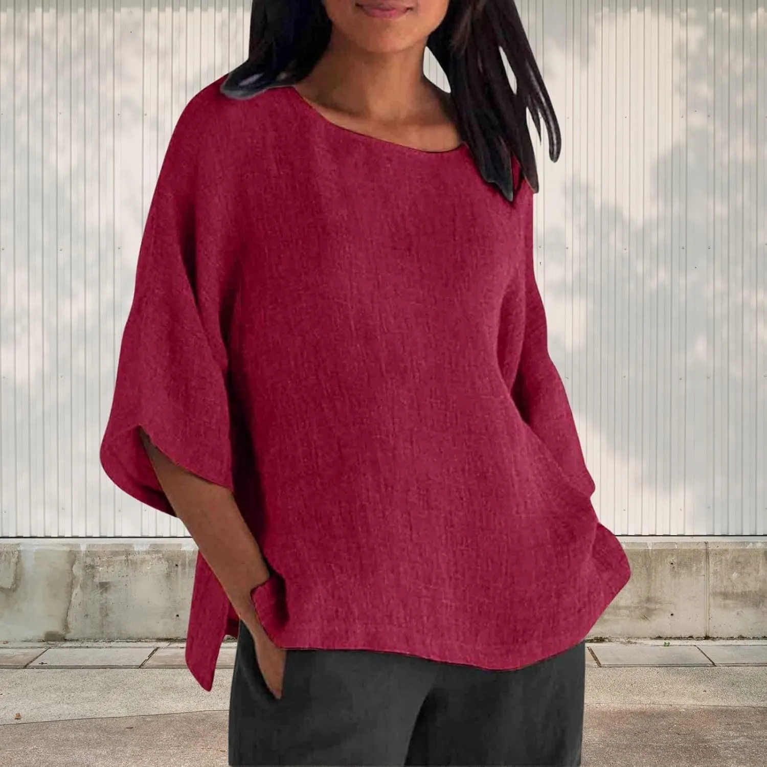 Summer Solid Linen Shirts for Womens Cotton Linen Shirt Casual 3/4 Sleeve Solid Color Crewneck Tunic Tops Beach Blouse