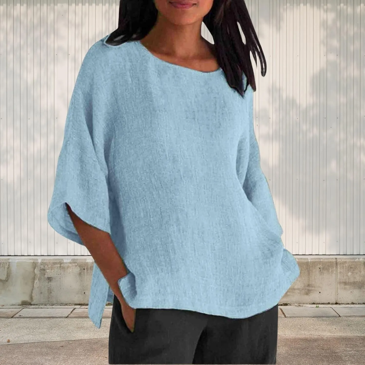 Summer Solid Linen Shirts for Womens Cotton Linen Shirt Casual 3/4 Sleeve Solid Color Crewneck Tunic Tops Beach Blouse