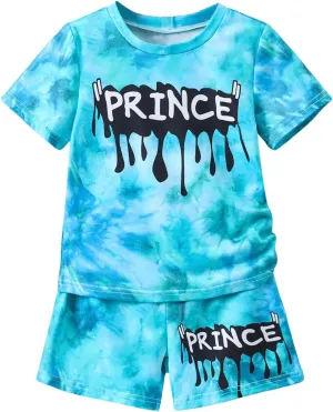 SweatyRocks Boy's 2 Piece Outfits Tie Dye Letter Graphic Tee Top and Shorts Clothing Sets
