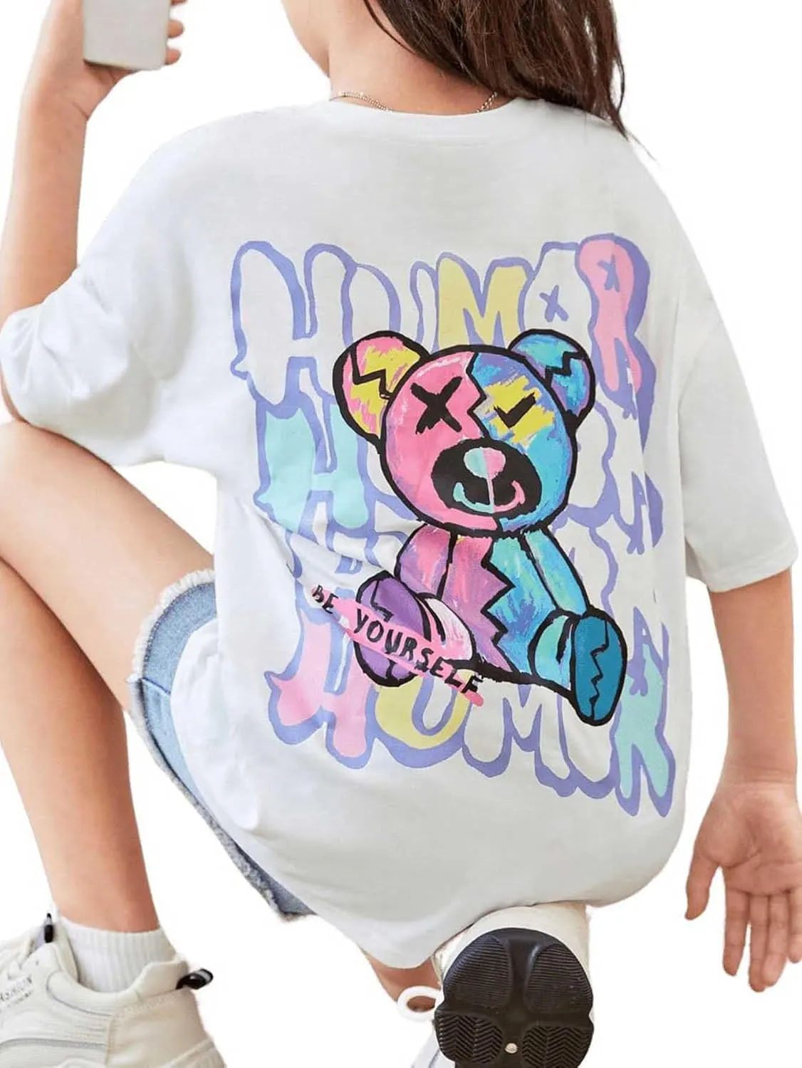 SweatyRocks Girl's Letter Graphic Print Half Sleeve T Shirt Round Neck Drop Shoulder Oversized Tees