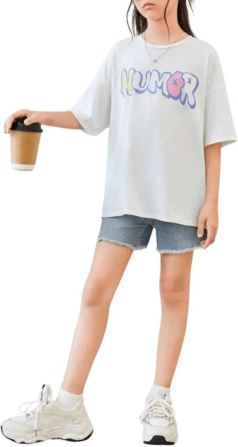 SweatyRocks Girl's Letter Graphic Print Half Sleeve T Shirt Round Neck Drop Shoulder Oversized Tees