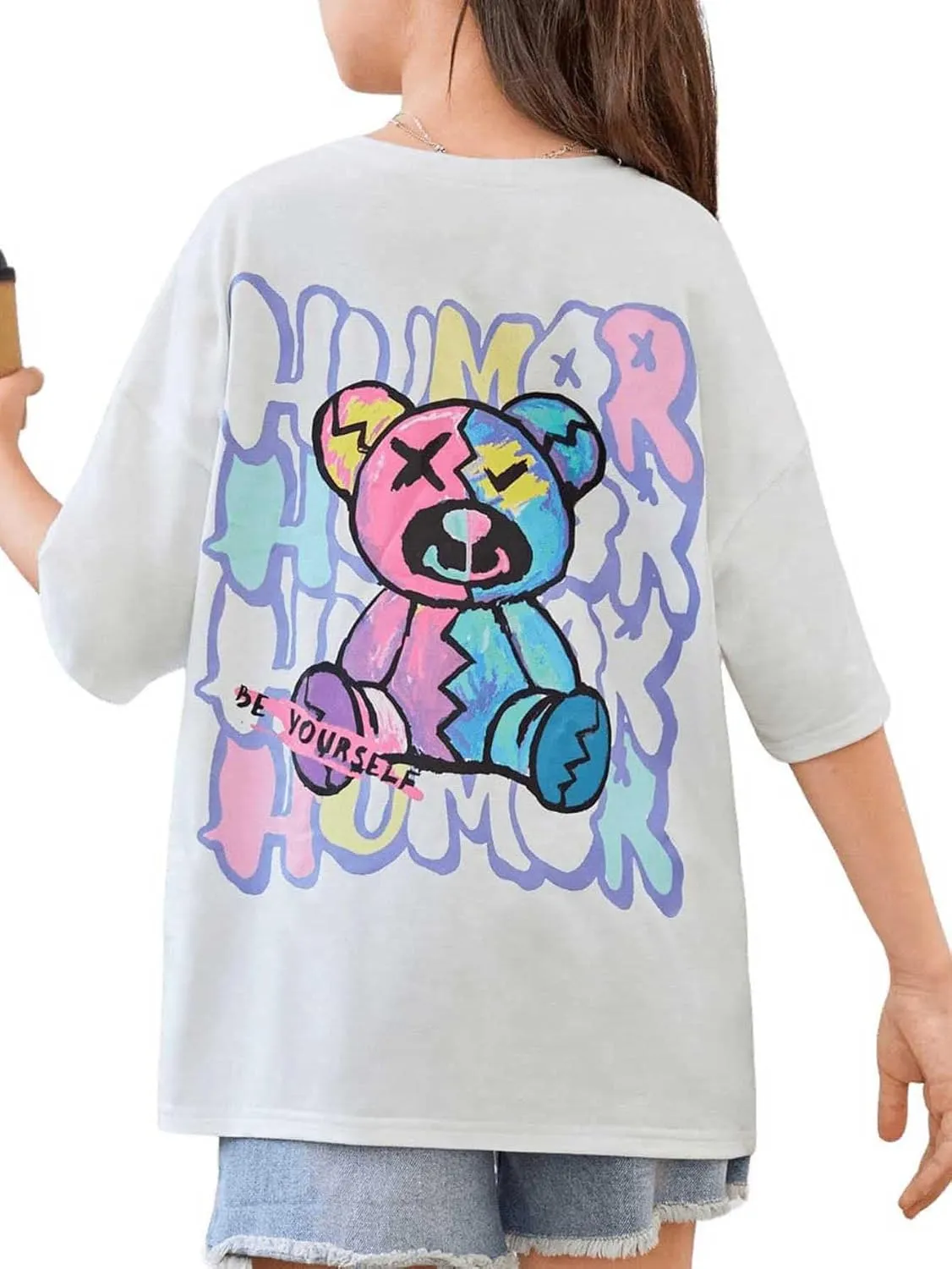 SweatyRocks Girl's Letter Graphic Print Half Sleeve T Shirt Round Neck Drop Shoulder Oversized Tees