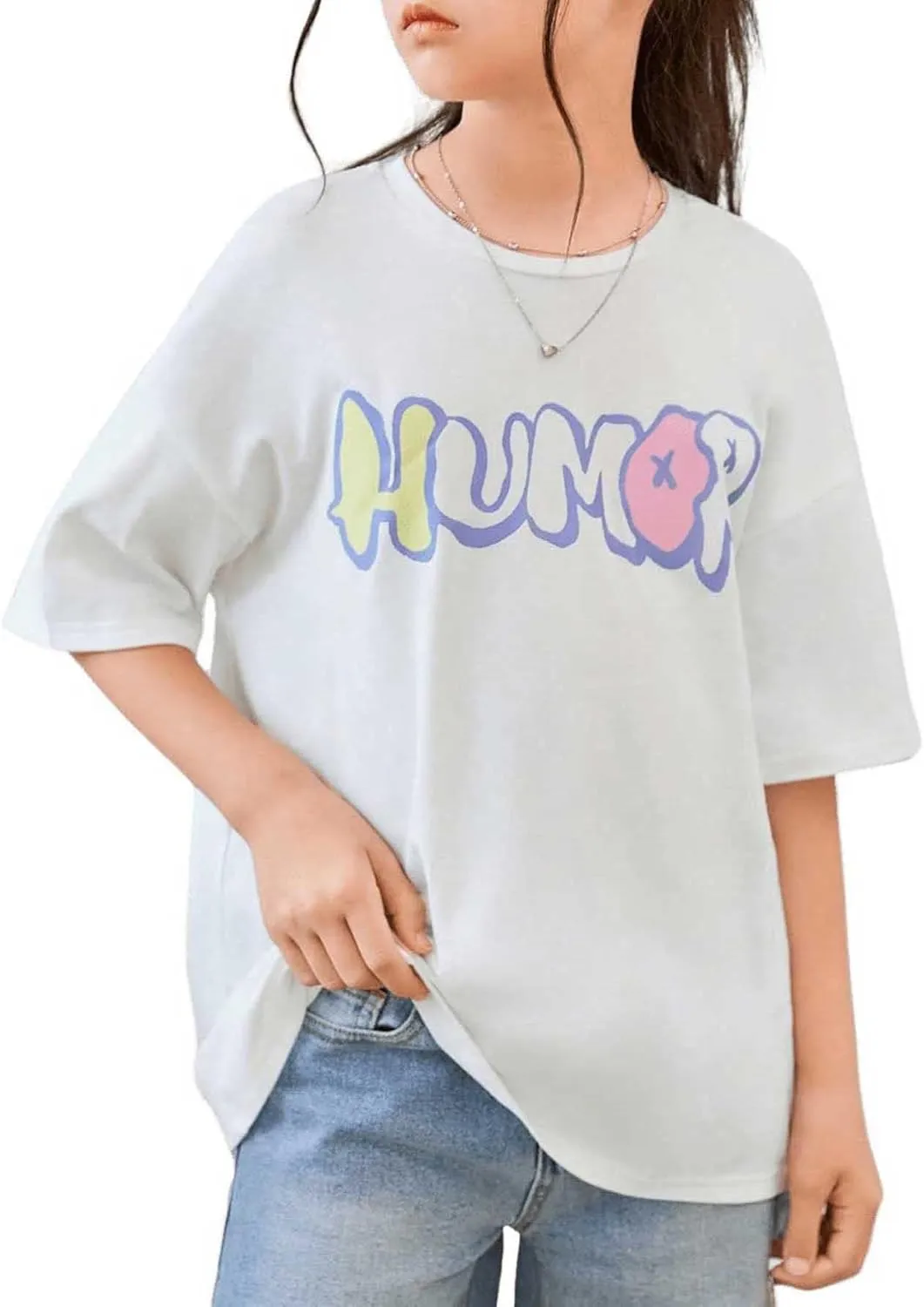 SweatyRocks Girl's Letter Graphic Print Half Sleeve T Shirt Round Neck Drop Shoulder Oversized Tees
