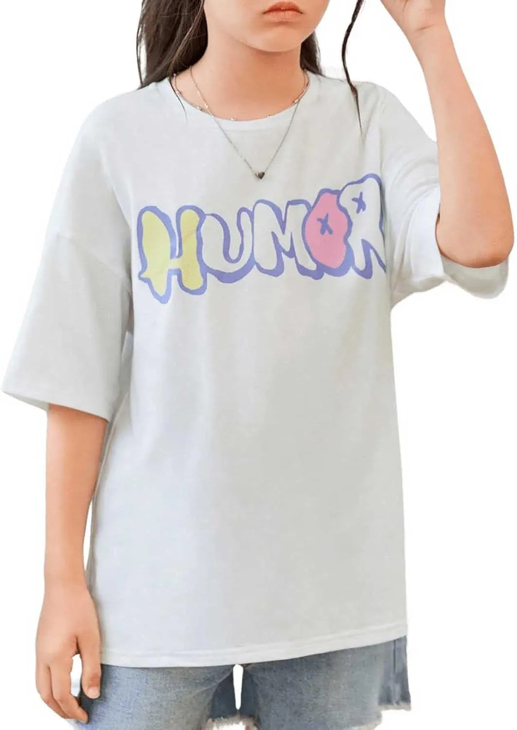 SweatyRocks Girl's Letter Graphic Print Half Sleeve T Shirt Round Neck Drop Shoulder Oversized Tees