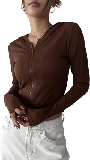 SweatyRocks Women's Zip Up Hoodie Long Sleeve Drawstring Lightweight Cropped Sweatshirt Jackets