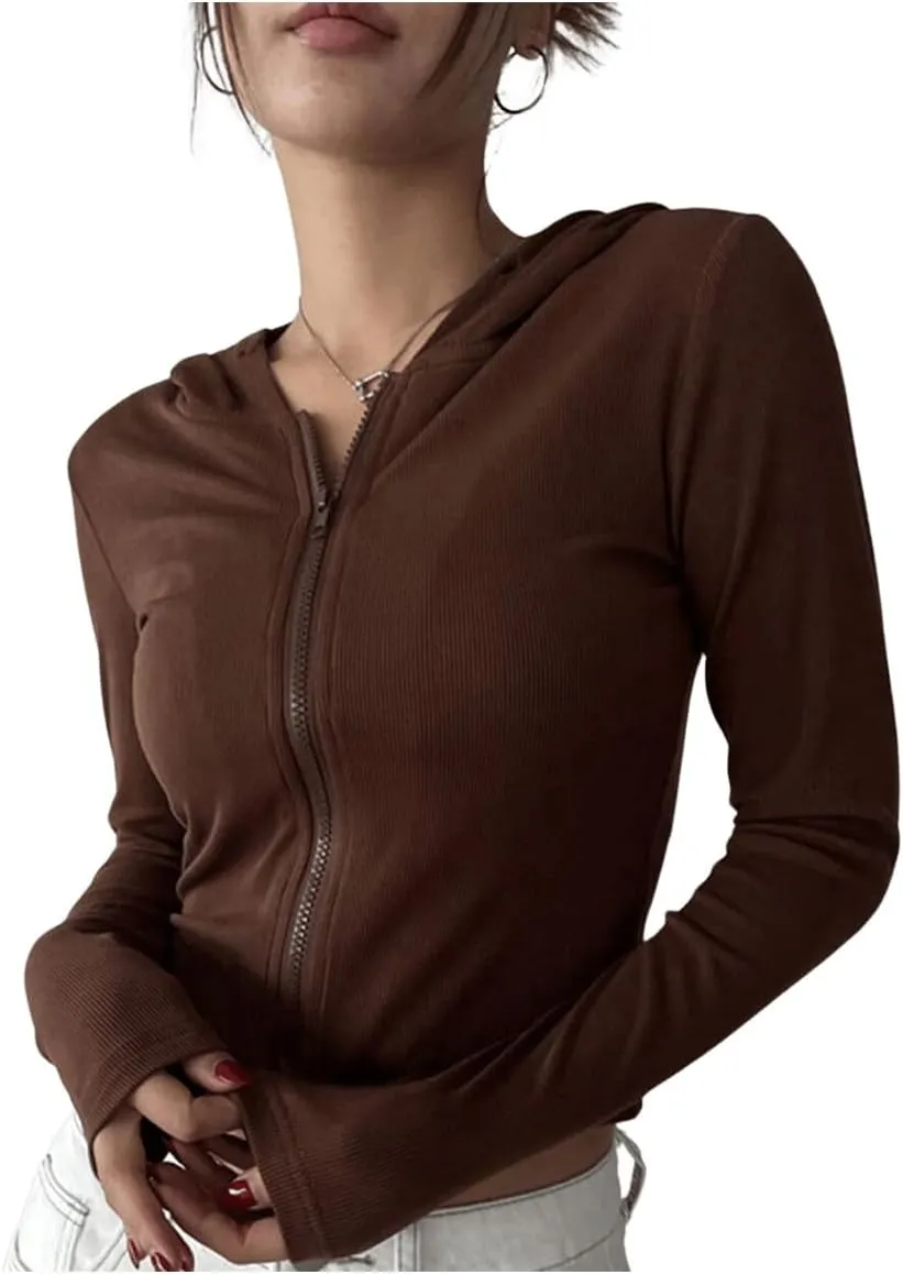 SweatyRocks Women's Zip Up Hoodie Long Sleeve Drawstring Lightweight Cropped Sweatshirt Jackets