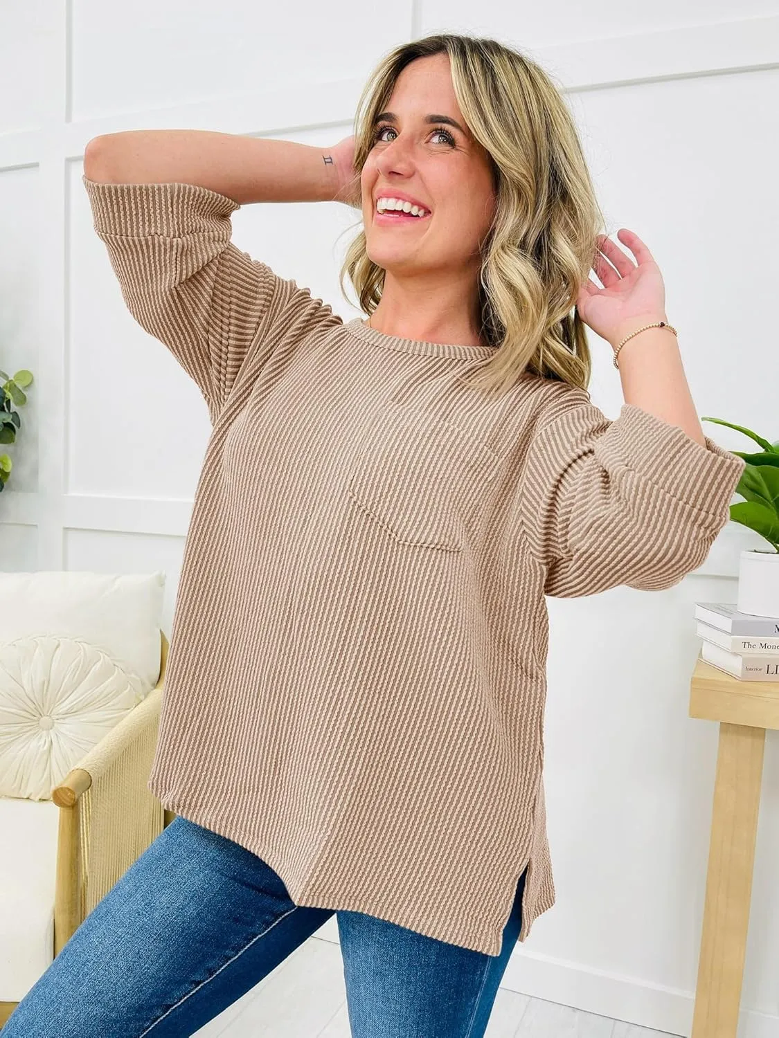 Tankaneo Womens Oversized 3/4 Bell Sleeve Tops Summer Casual Textured Knit T-Shirts Loose Fit Crewneck Blouse Tees Shirts