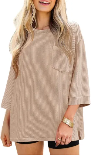 Tankaneo Womens Oversized 3/4 Bell Sleeve Tops Summer Casual Textured Knit T-Shirts Loose Fit Crewneck Blouse Tees Shirts