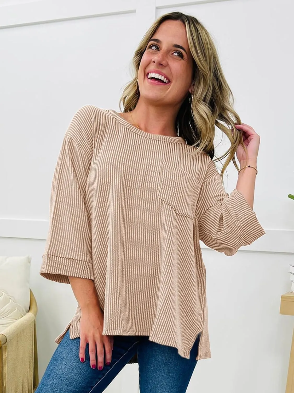 Tankaneo Womens Oversized 3/4 Bell Sleeve Tops Summer Casual Textured Knit T-Shirts Loose Fit Crewneck Blouse Tees Shirts