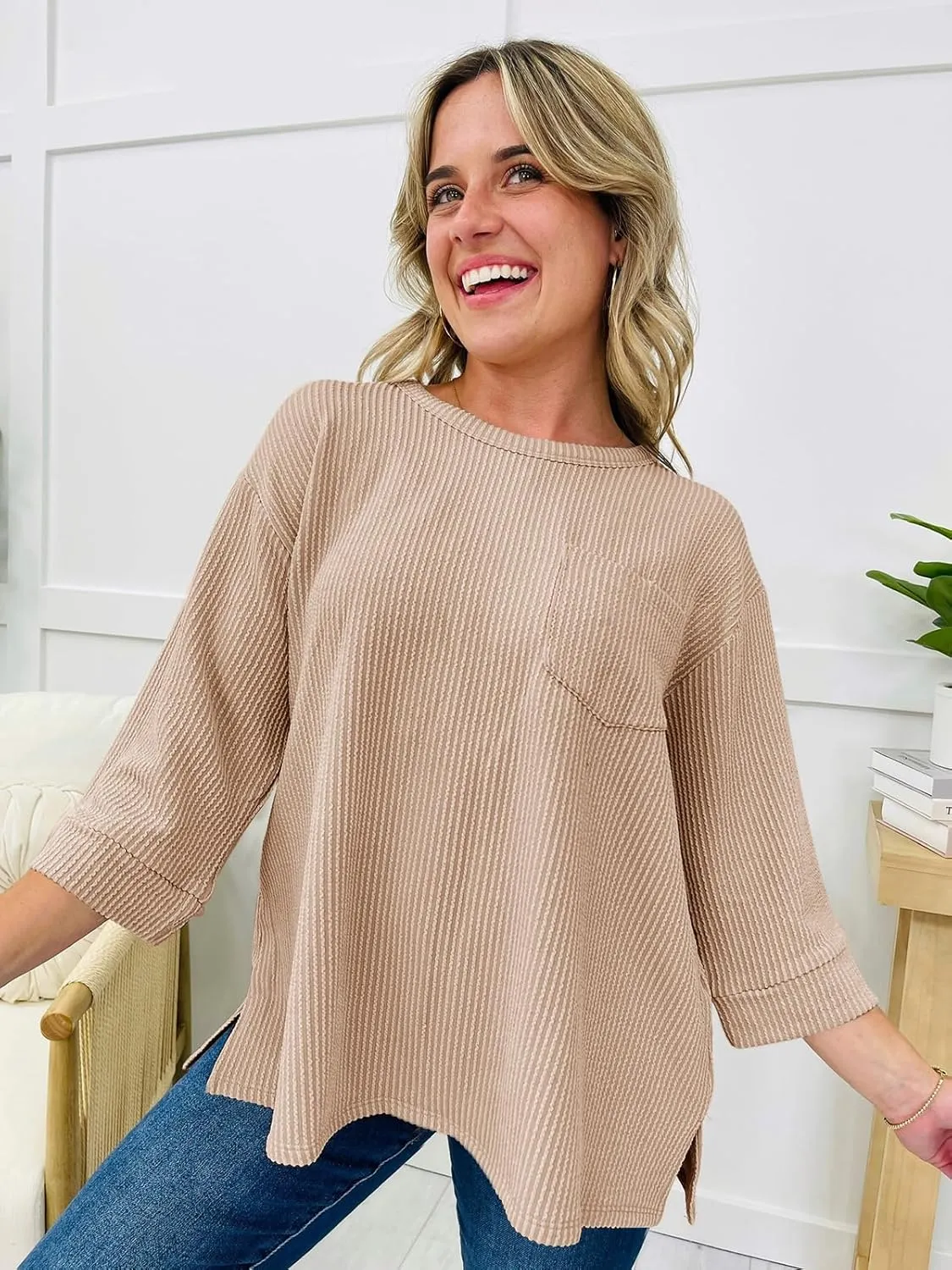 Tankaneo Womens Oversized 3/4 Bell Sleeve Tops Summer Casual Textured Knit T-Shirts Loose Fit Crewneck Blouse Tees Shirts