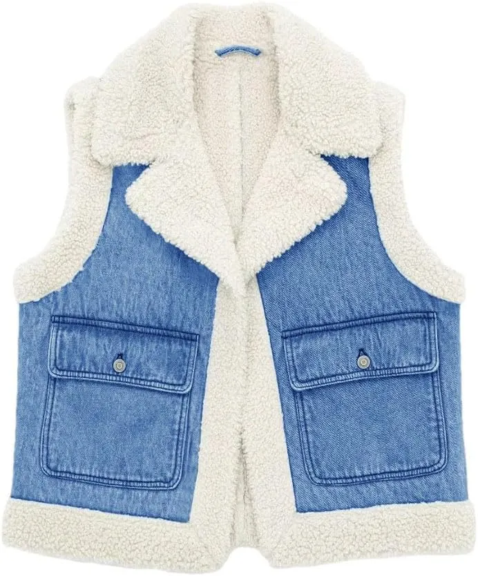Tankaneo Womens Sherpa Denim Vest Oversized Fleece Lined Sleeveless Jean Jacket Winter Fuzzy Outerwear