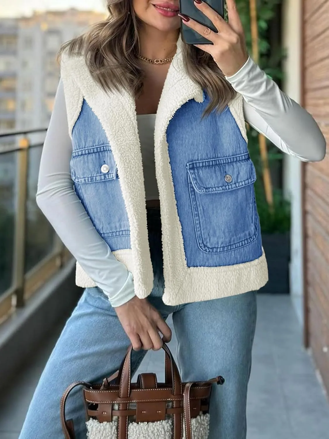 Tankaneo Womens Sherpa Denim Vest Oversized Fleece Lined Sleeveless Jean Jacket Winter Fuzzy Outerwear