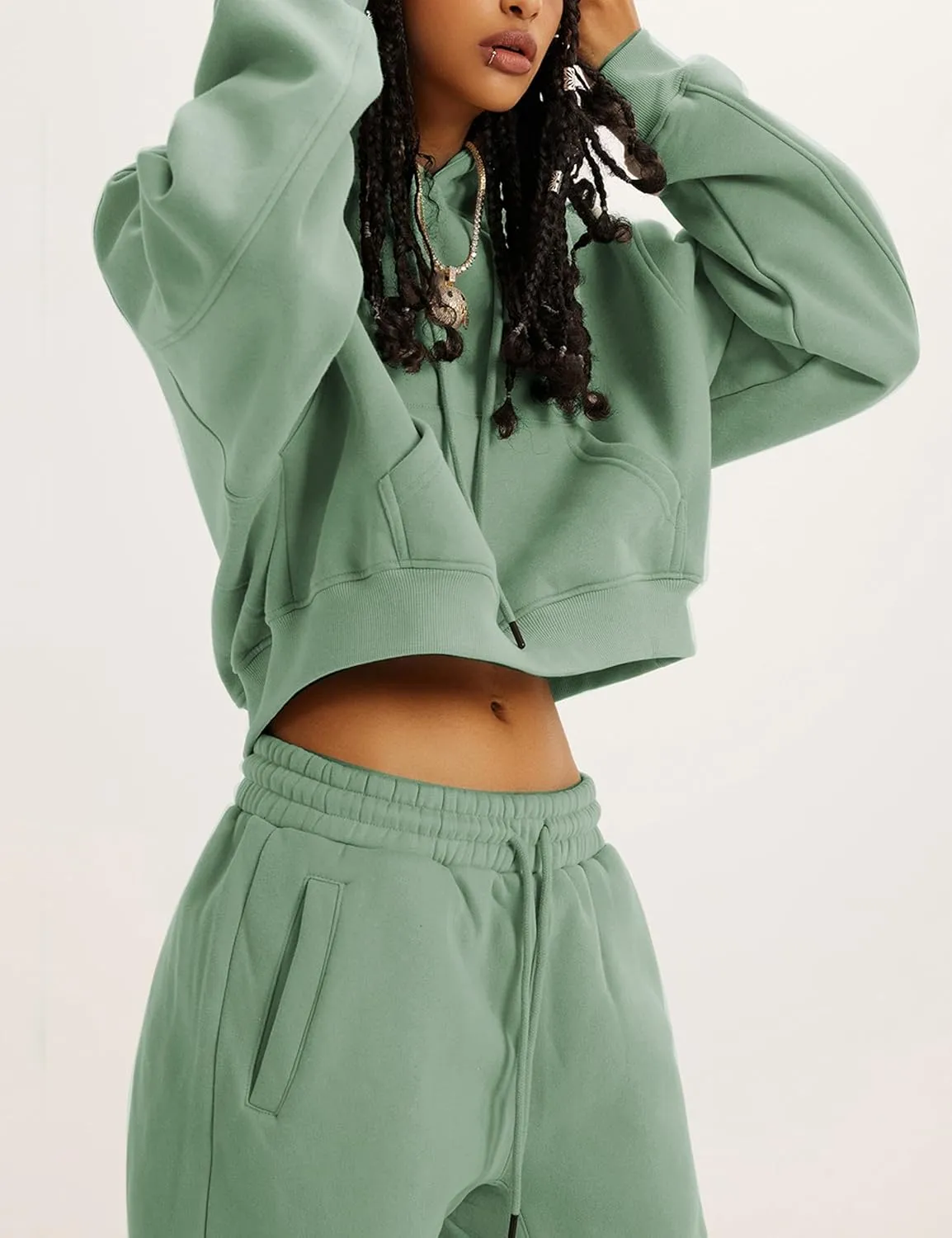Tanming Women 2 Piece Outfits Sweatsuits Crop Pullover Fleece Sweatshirt Jogger Pants Lounge Set