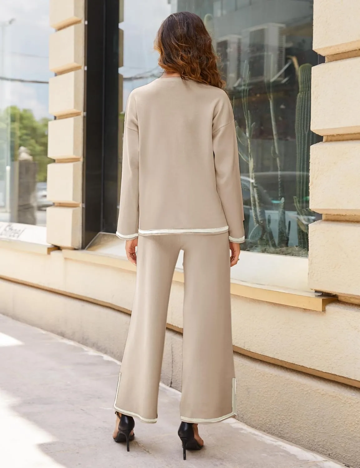 Tanming Women's 2 Piece Outfits Long Sleeve Knit Sweater Top Wide Leg Pants Lounge Sets Tracksuits
