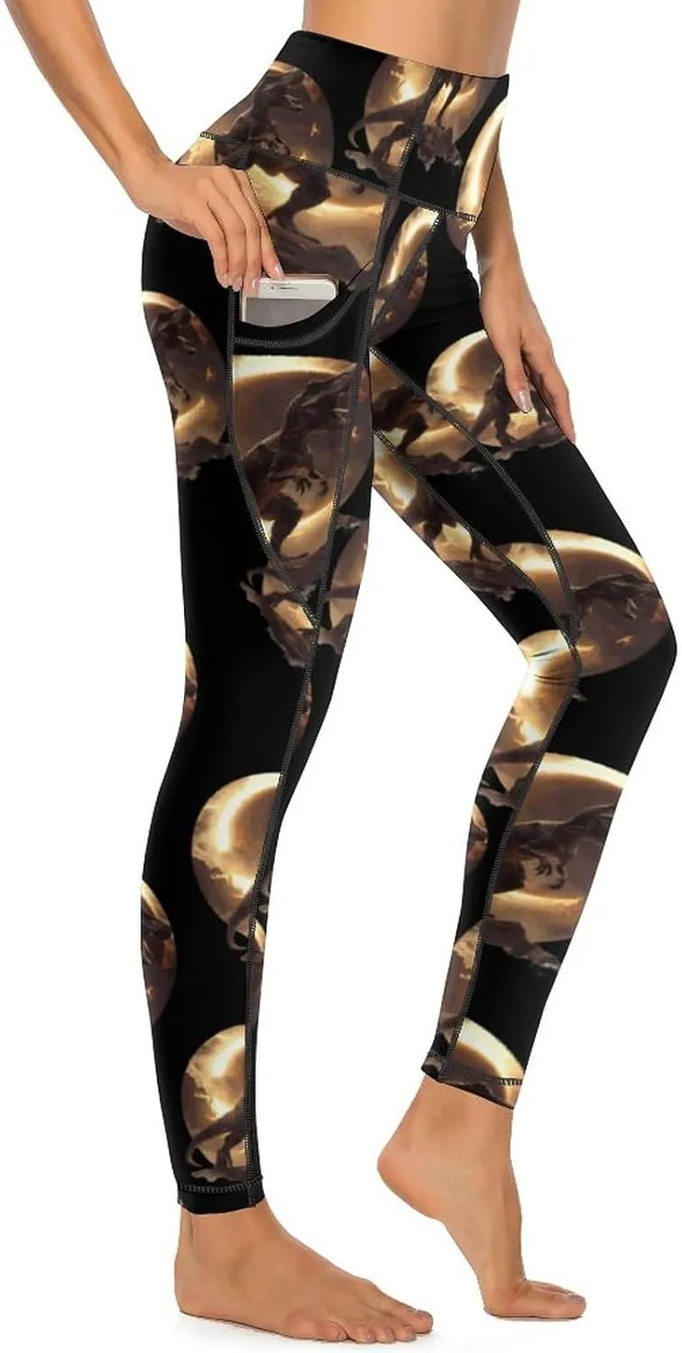 Total Solar Eclipse T-rex Women's Yoga Pants Leggings with Pockets High Waist Compression Workout Pants