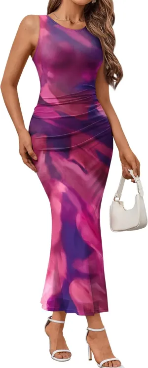 Trendy Queen Bodycon Maxi Dress Womens Sleeveless Floral Print Fitted Party Club Ruched Dresses with Side Slit