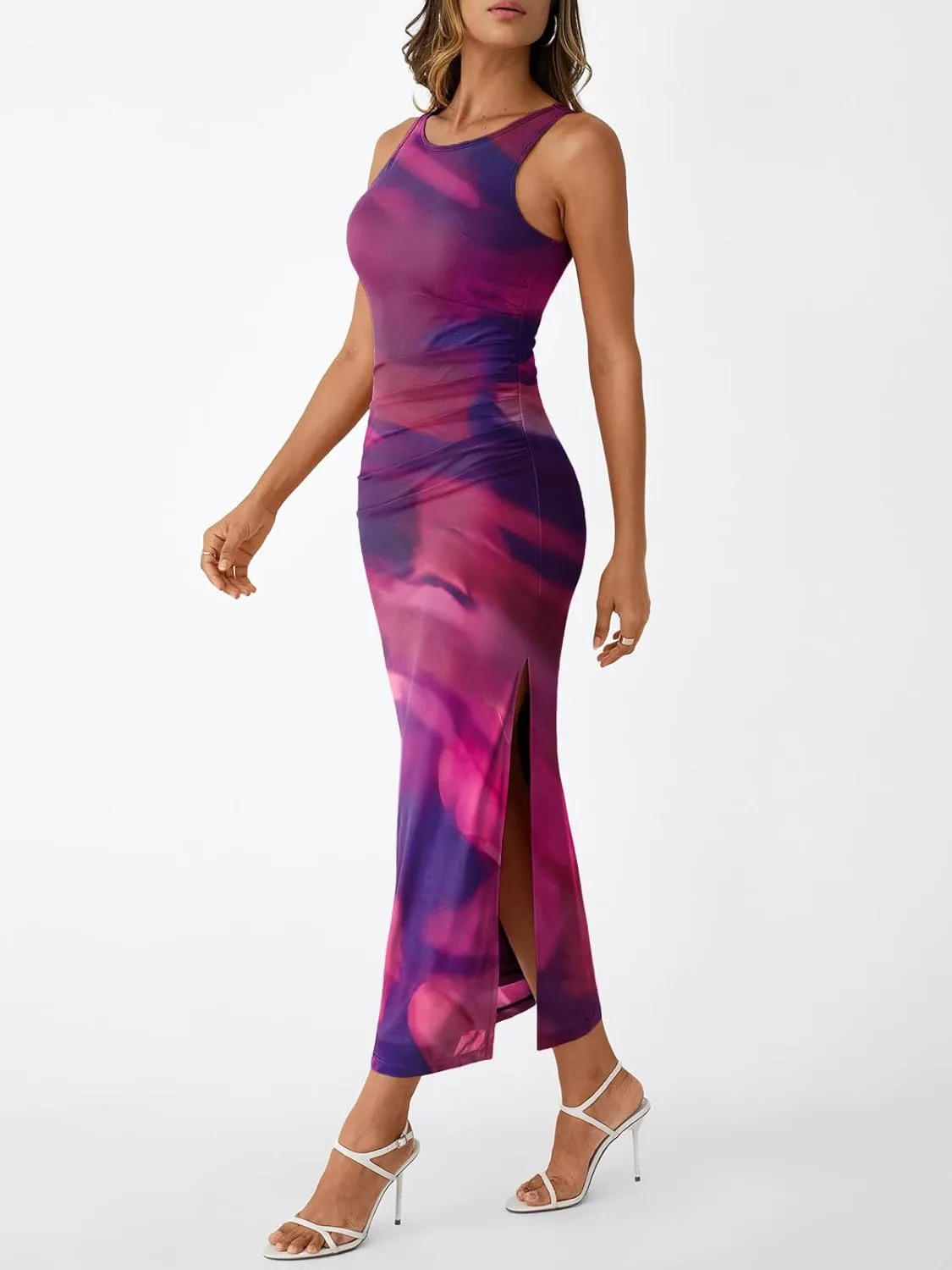 Trendy Queen Bodycon Maxi Dress Womens Sleeveless Floral Print Fitted Party Club Ruched Dresses with Side Slit