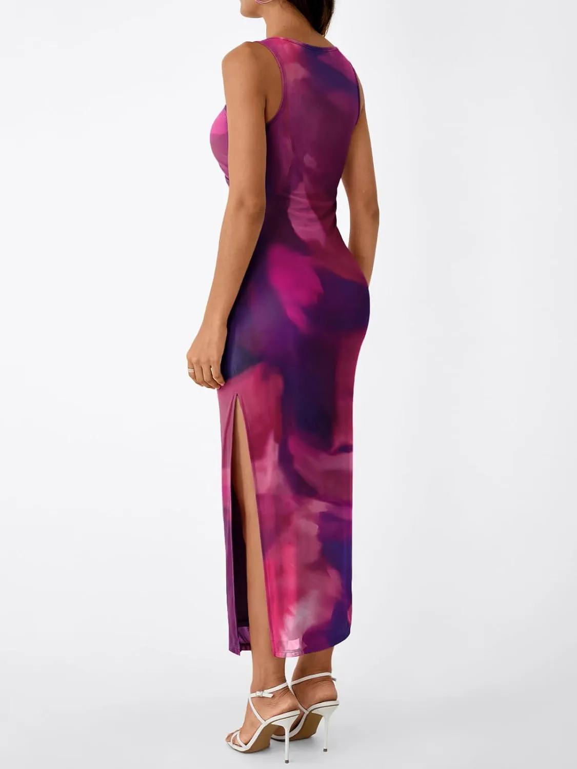 Trendy Queen Bodycon Maxi Dress Womens Sleeveless Floral Print Fitted Party Club Ruched Dresses with Side Slit