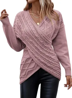 utcoco Women's Sexy V Neck Off Shoulder Cable Knit Sweaters Criss Cross Wrap Ruched Pullover Fall Tops