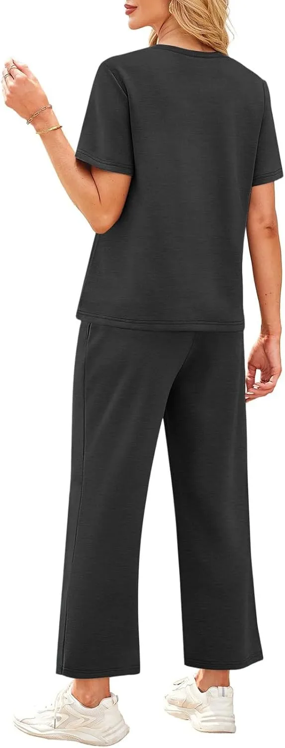 Vacation Clothes for Women Fitness Sport Lounge Clothing Travel Short Sleeve Wide Leg Pants Outfits 2025 Summer Sets