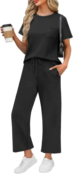 Vacation Clothes for Women Fitness Sport Lounge Clothing Travel Short Sleeve Wide Leg Pants Outfits 2025 Summer Sets