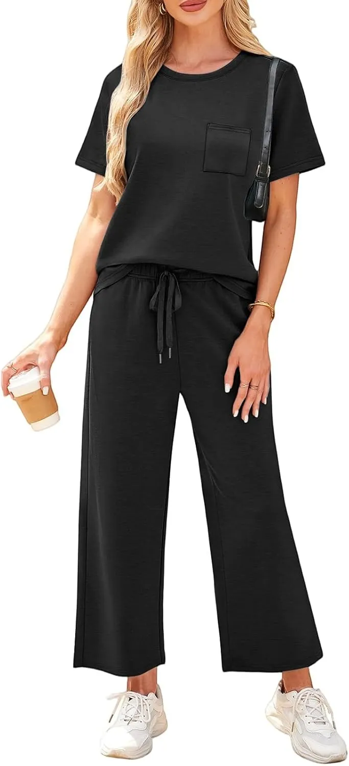 Vacation Clothes for Women Fitness Sport Lounge Clothing Travel Short Sleeve Wide Leg Pants Outfits 2025 Summer Sets