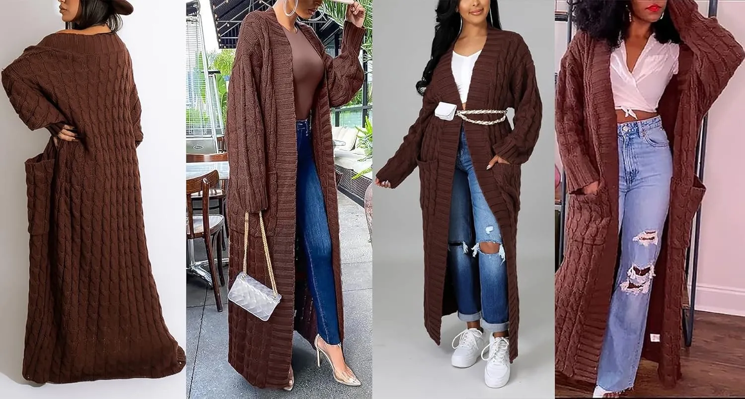 Vakkest Women's Long Sweater Cardigan Open Front Duster Jacket Casual Cable Knitted Maxi Dress Coat Braided Outwear Pockets