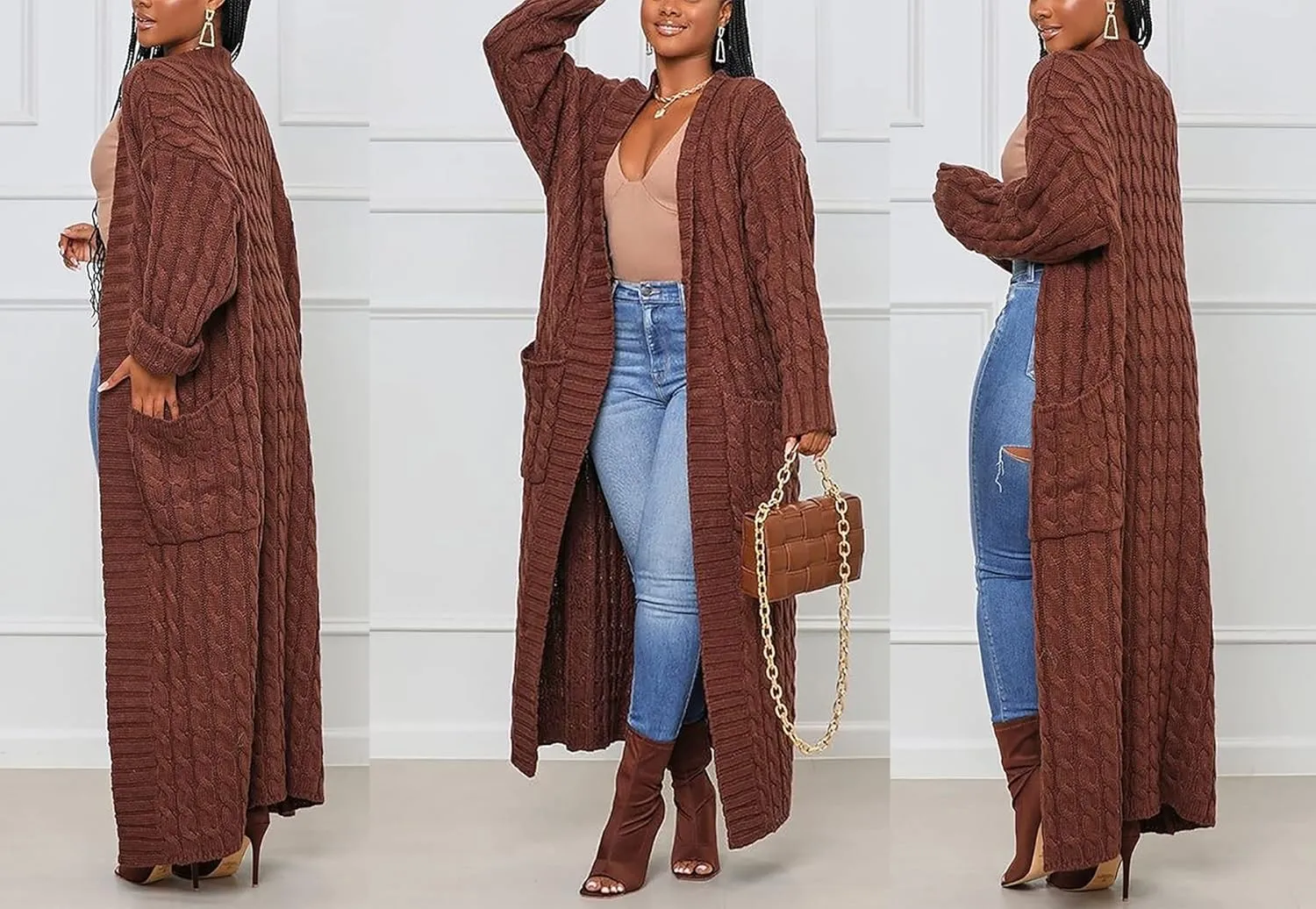Vakkest Women's Long Sweater Cardigan Open Front Duster Jacket Casual Cable Knitted Maxi Dress Coat Braided Outwear Pockets