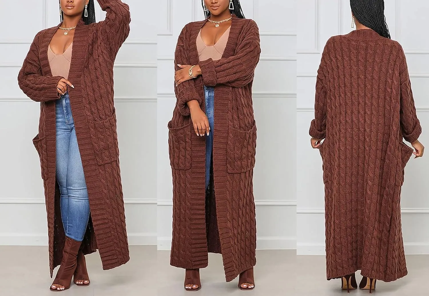 Vakkest Women's Long Sweater Cardigan Open Front Duster Jacket Casual Cable Knitted Maxi Dress Coat Braided Outwear Pockets