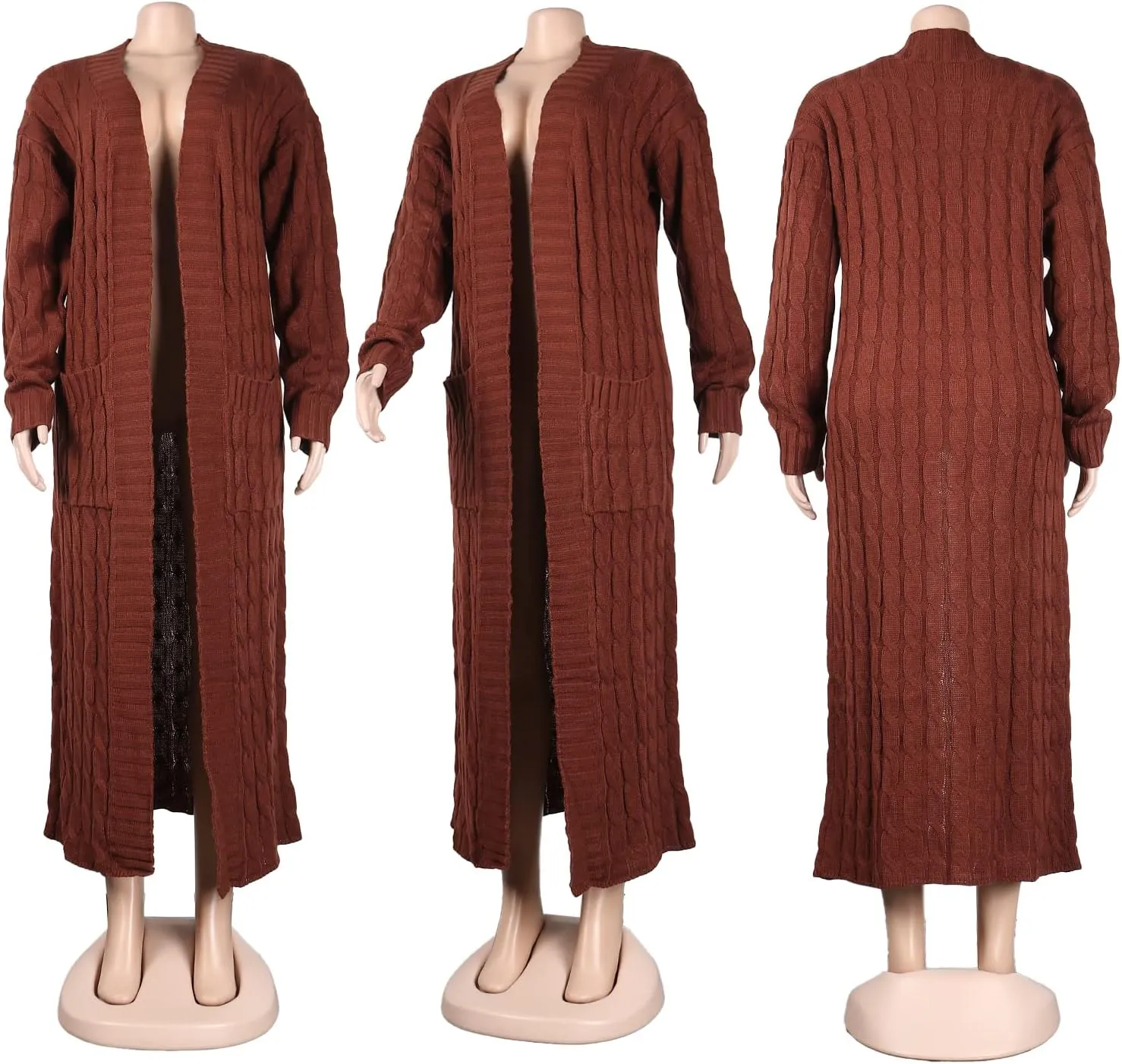 Vakkest Women's Long Sweater Cardigan Open Front Duster Jacket Casual Cable Knitted Maxi Dress Coat Braided Outwear Pockets