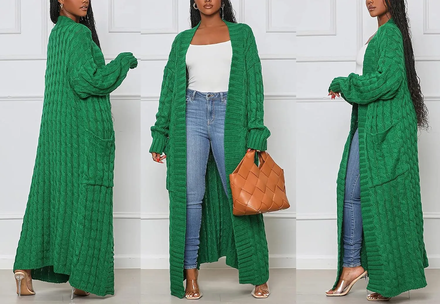 Vakkest Women's Long Sweater Cardigan Open Front Duster Jacket Casual Cable Knitted Maxi Dress Coat Braided Outwear Pockets