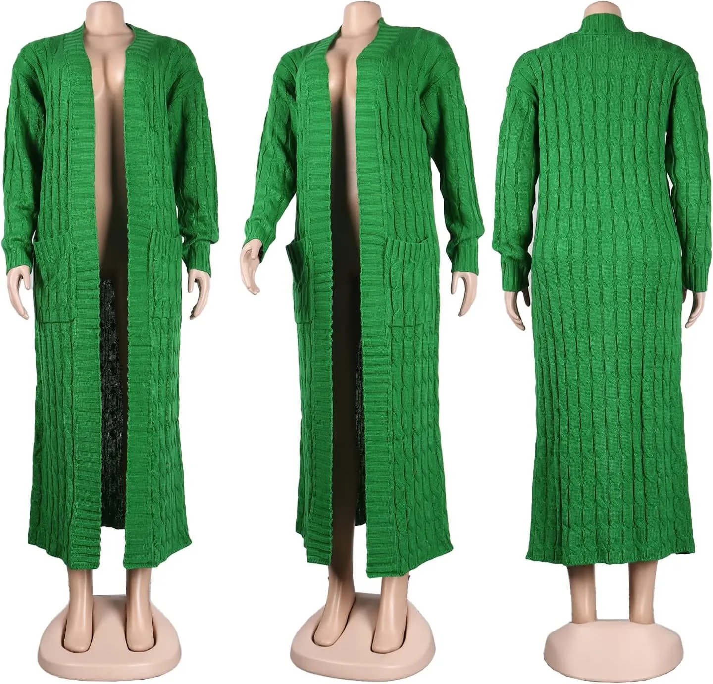 Vakkest Women's Long Sweater Cardigan Open Front Duster Jacket Casual Cable Knitted Maxi Dress Coat Braided Outwear Pockets