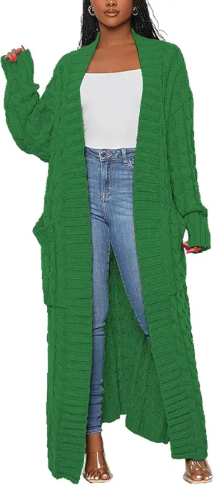 Vakkest Women's Long Sweater Cardigan Open Front Duster Jacket Casual Cable Knitted Maxi Dress Coat Braided Outwear Pockets