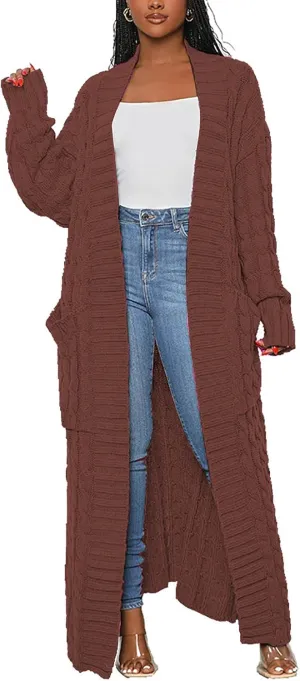 Vakkest Women's Long Sweater Cardigan Open Front Duster Jacket Casual Cable Knitted Maxi Dress Coat Braided Outwear Pockets