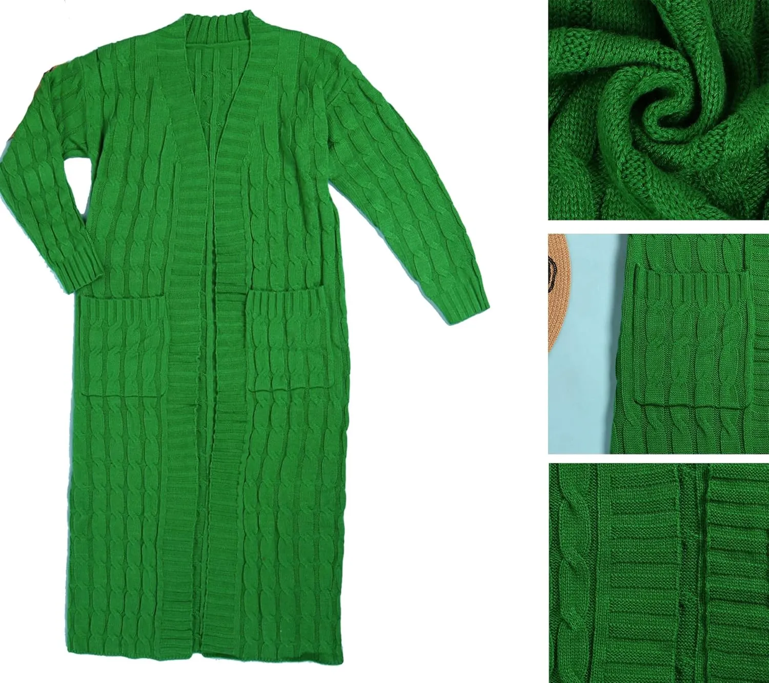 Vakkest Women's Long Sweater Cardigan Open Front Duster Jacket Casual Cable Knitted Maxi Dress Coat Braided Outwear Pockets