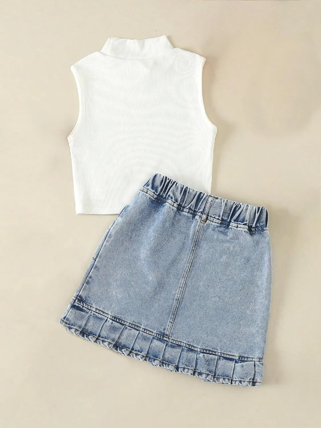 Verdusa Girl's 2 Piece Outfits Mock Neck Tank Top and Ruffled Denim Skirt Set