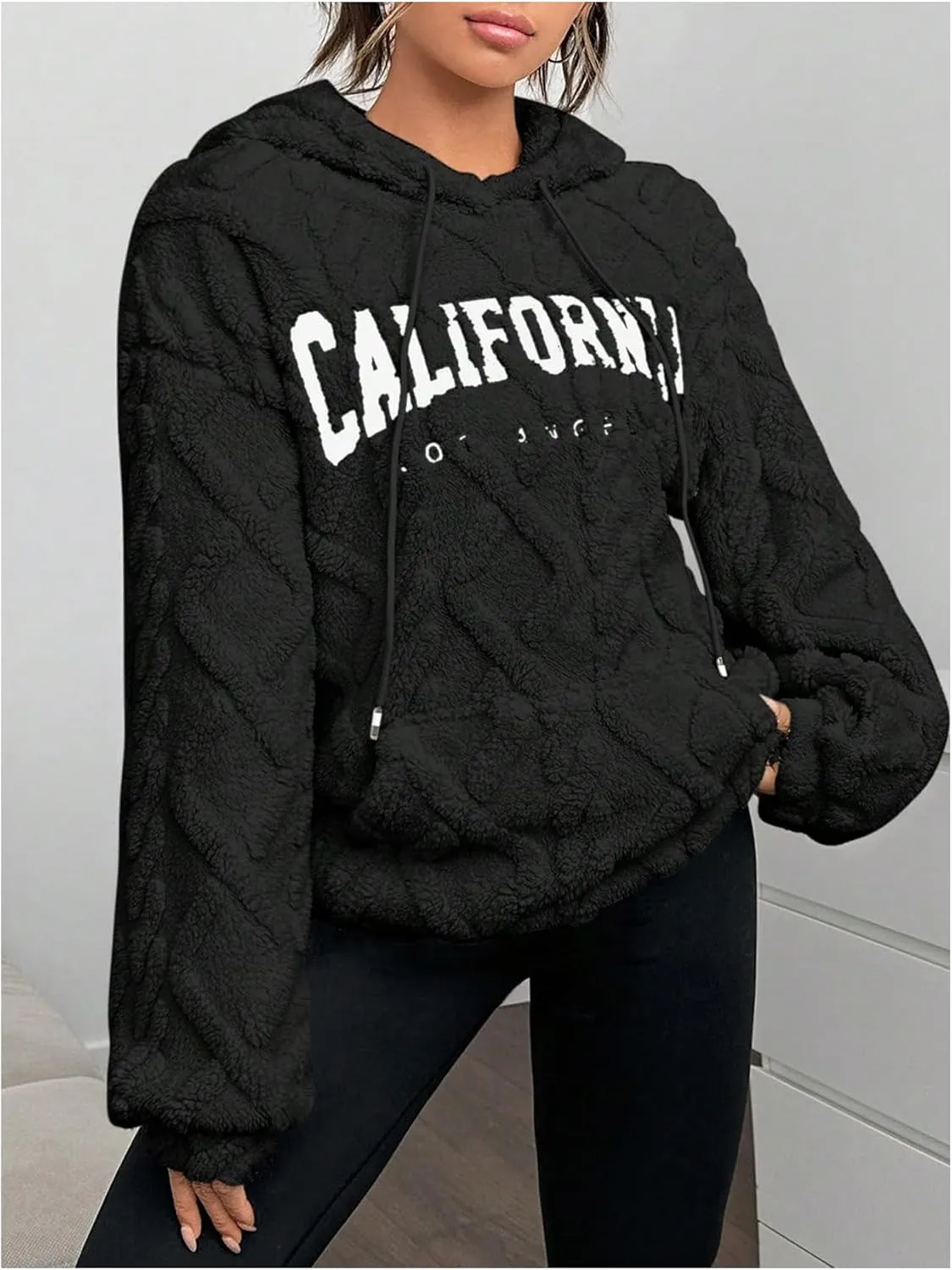 Verdusa Women's Fuzzy Fleece Sherpa Pullover Hoodie Oversized Plaid Letter Print Sweatshirt Long Sleeve Hoodies with Pocket