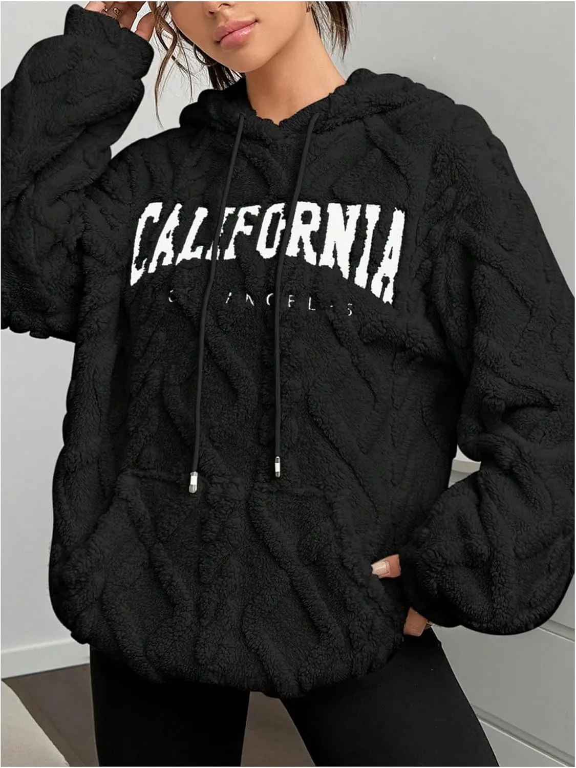 Verdusa Women's Fuzzy Fleece Sherpa Pullover Hoodie Oversized Plaid Letter Print Sweatshirt Long Sleeve Hoodies with Pocket