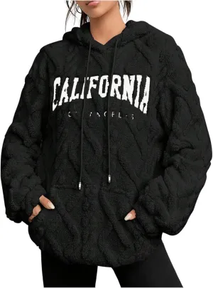 Verdusa Women's Fuzzy Fleece Sherpa Pullover Hoodie Oversized Plaid Letter Print Sweatshirt Long Sleeve Hoodies with Pocket