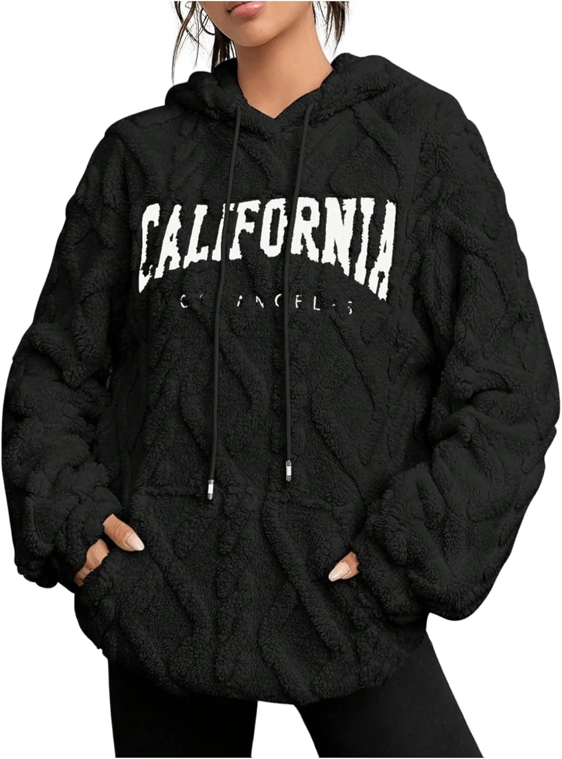 Verdusa Women's Fuzzy Fleece Sherpa Pullover Hoodie Oversized Plaid Letter Print Sweatshirt Long Sleeve Hoodies with Pocket