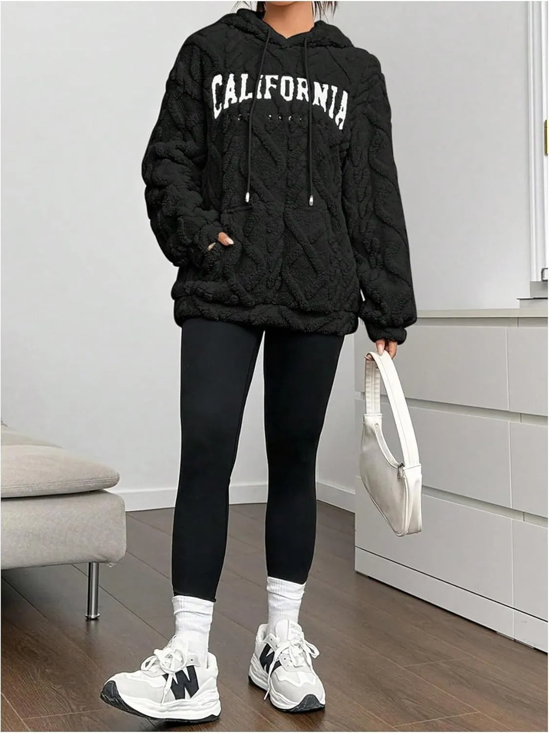 Verdusa Women's Fuzzy Fleece Sherpa Pullover Hoodie Oversized Plaid Letter Print Sweatshirt Long Sleeve Hoodies with Pocket
