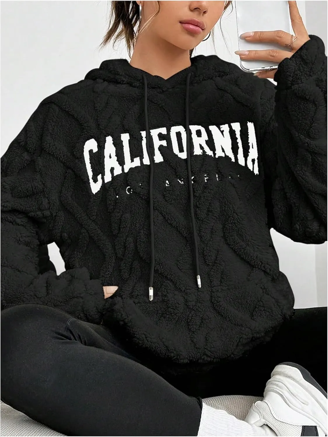 Verdusa Women's Fuzzy Fleece Sherpa Pullover Hoodie Oversized Plaid Letter Print Sweatshirt Long Sleeve Hoodies with Pocket
