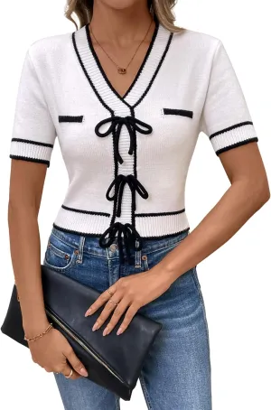Verdusa Women's Short Sleeve Bow Sweater V Neck Knitted Vintage Cropped Sweater Pullover